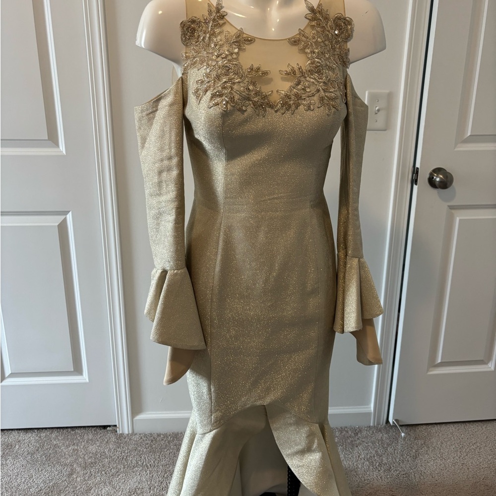 Cream High Low Gown with Bell Sleeves and Halter Neckline